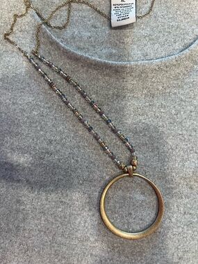 Long Beaded Necklace Gold Circle Pendant Double Strand Boho Neutral Mauve